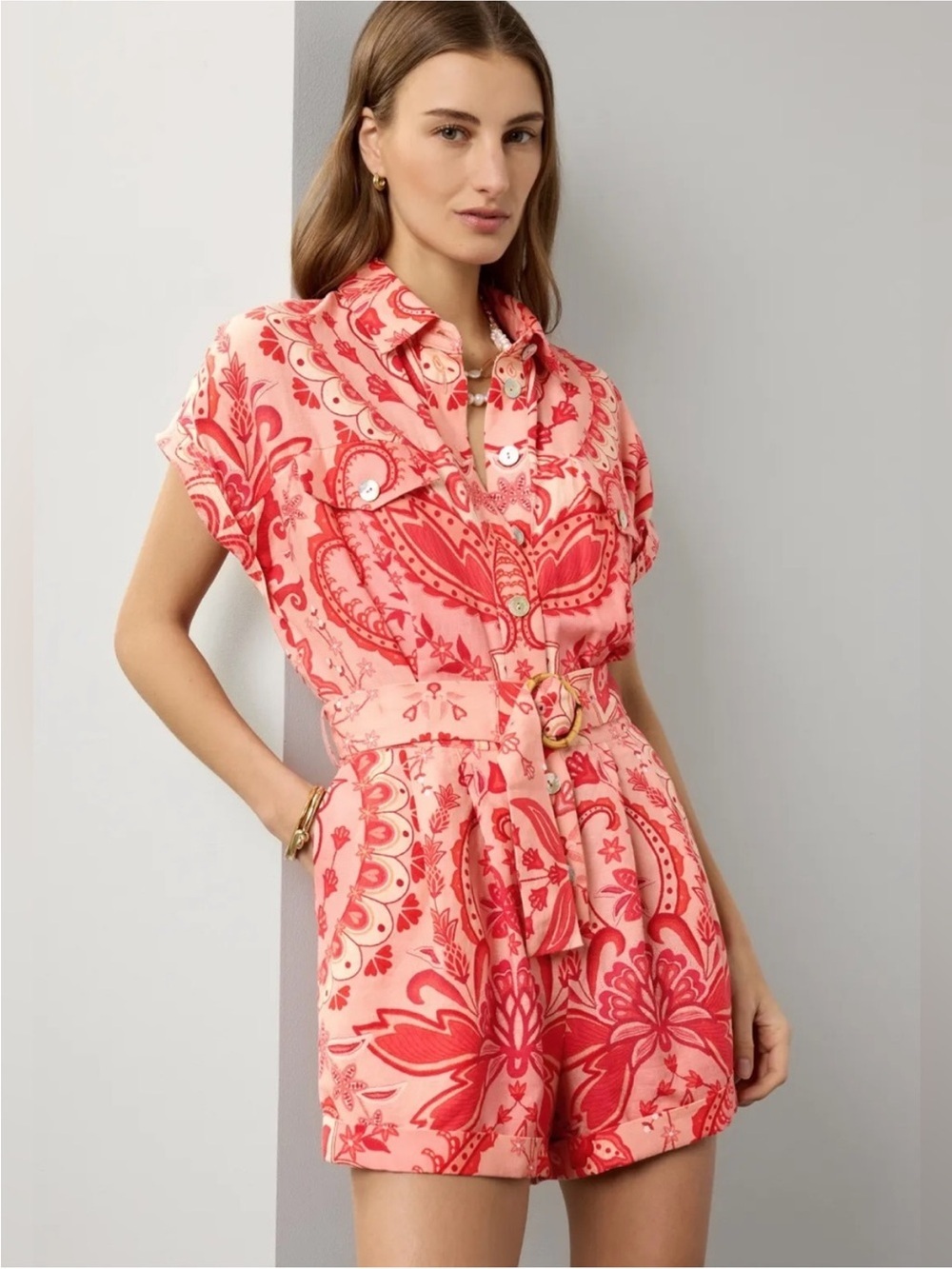 Farm Rio Jaipur Floral Belted Romper, Pink Red Print, Size Medium, EUC 🌺